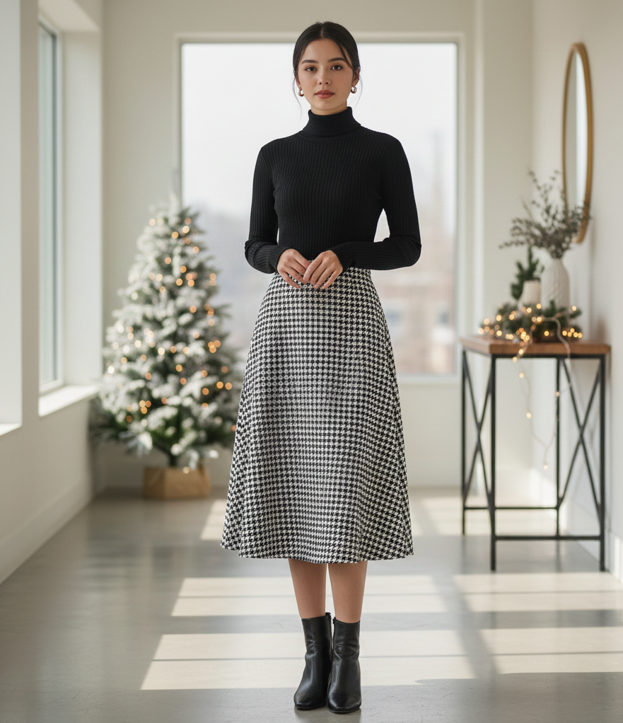 Black Turtleneck + Houndstooth Skirt + Ankle Boots