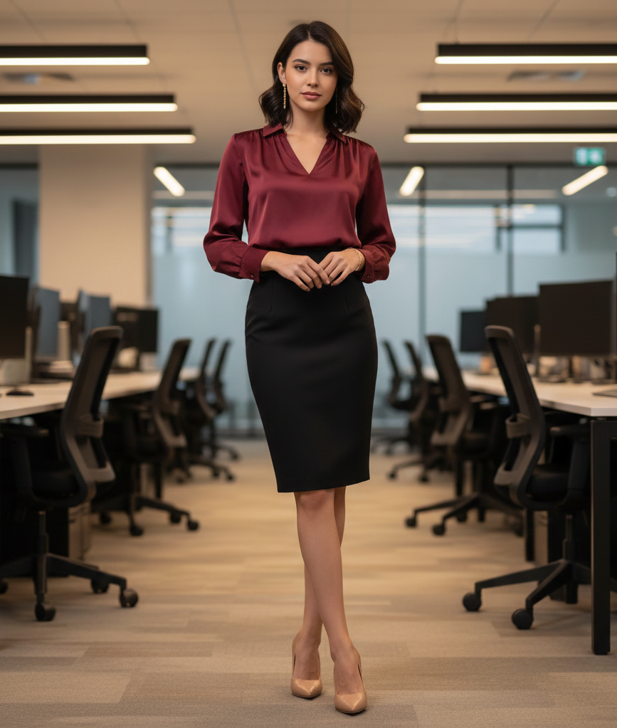 Burgundy Blouse + Black Pencil Skirt + Nude Pumps