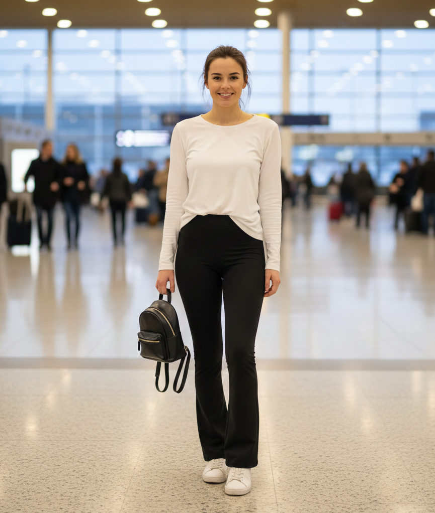 Casual White Long Sleeve Top + Black Flared Leggings + White Sneakers