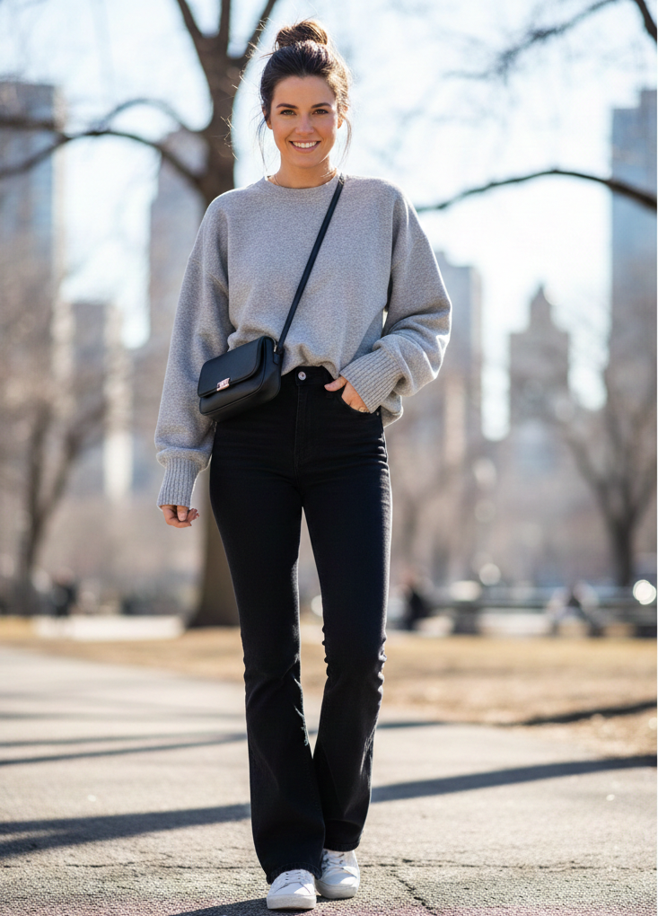  Cozy Grey Sweatshirt + Black Flared Jeans + White Sneakers