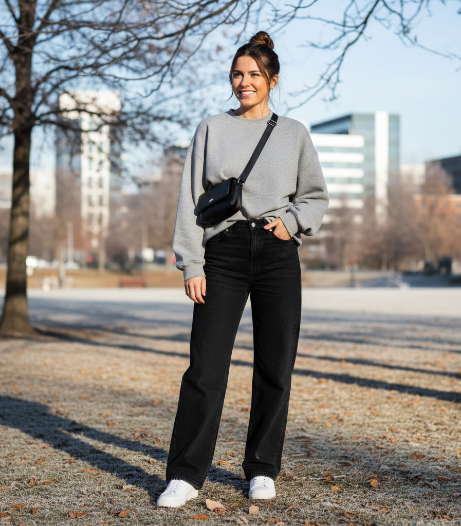 Cozy Grey Sweatshirt + Black Flared Jeans + White Sneakers