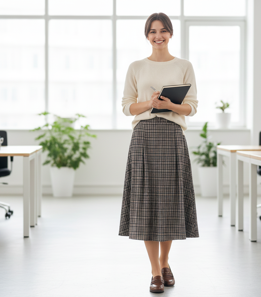 Cream Sweater + Plaid Midi Skirt + Brown Loafers