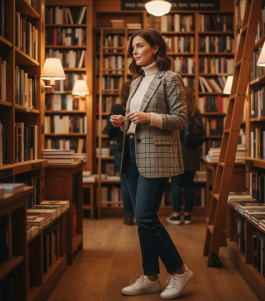 Cream Turtleneck + Plaid Blazer + Dark Jeans + White Sneakers