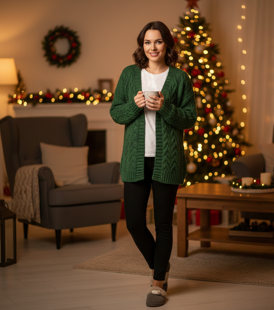 Green Cable Knit Cardigan + White Tee + Leggings