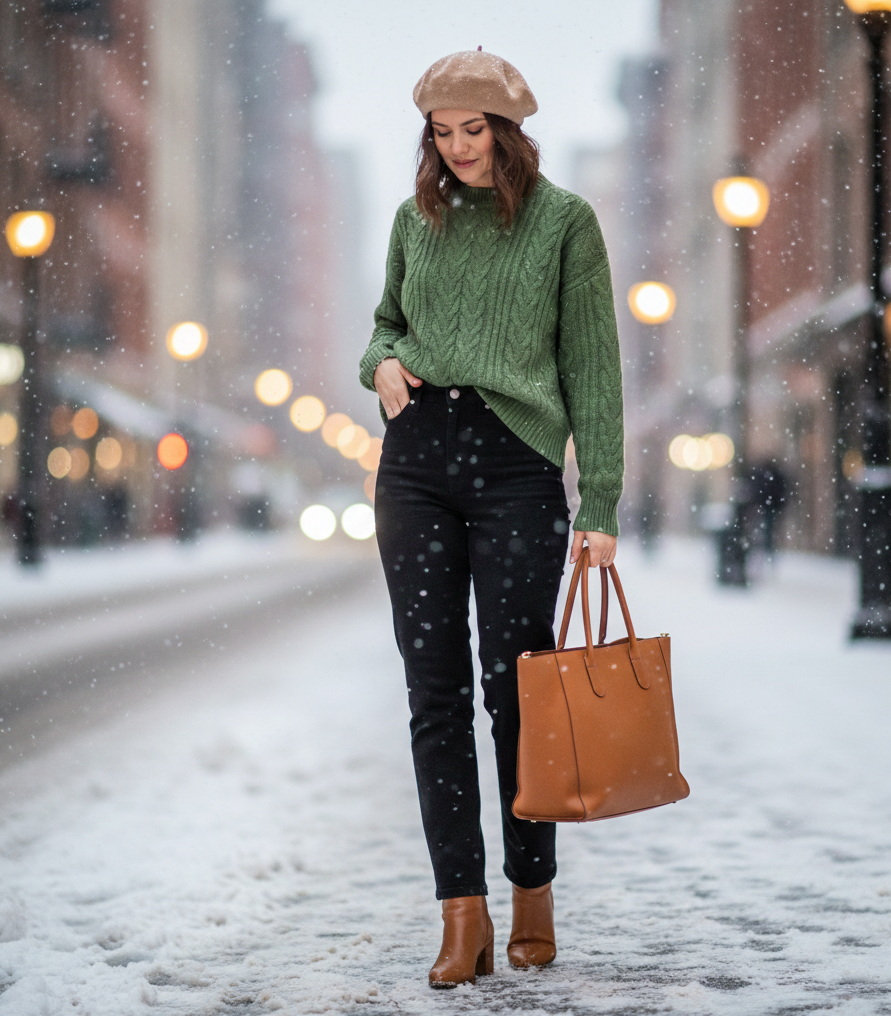 Green Cable Knit Sweater + Black Straight-Leg Jeans + Tan Boots