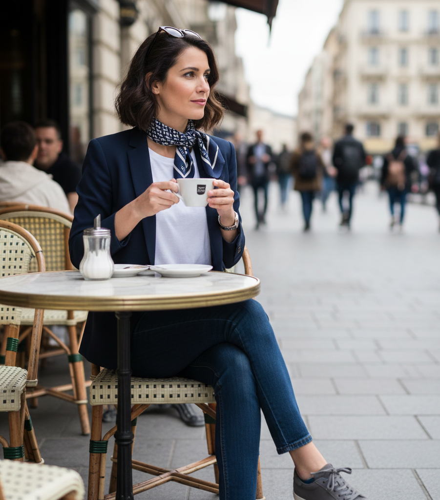 Navy Blazer + White T-Shirt + Dark Wash Jeans + Grey Sneakers
