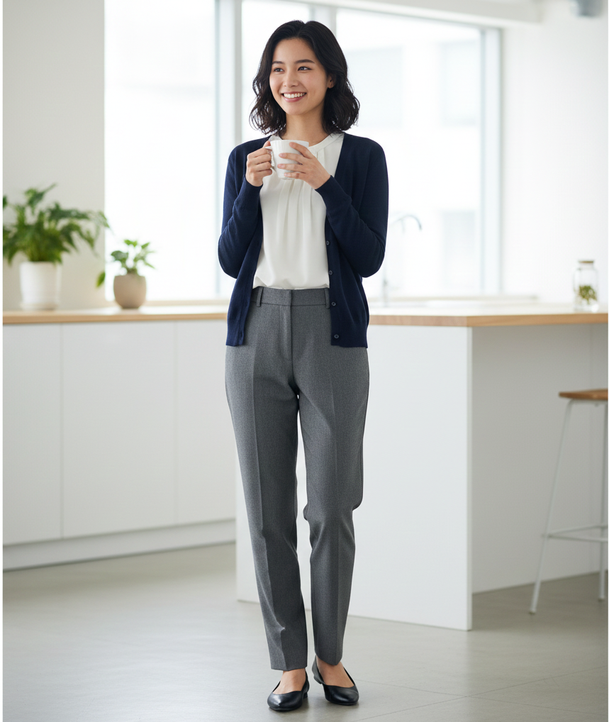 avy Cardigan + White Blouse + Grey Slacks