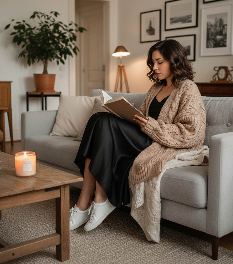 Oversized Cardigan + Silk Slip Dress + White Sneakers