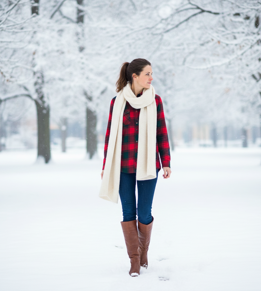 Plaid Flannel Shirt + Dark Blue Skinny Jeans + Brown Knee-High Boots
