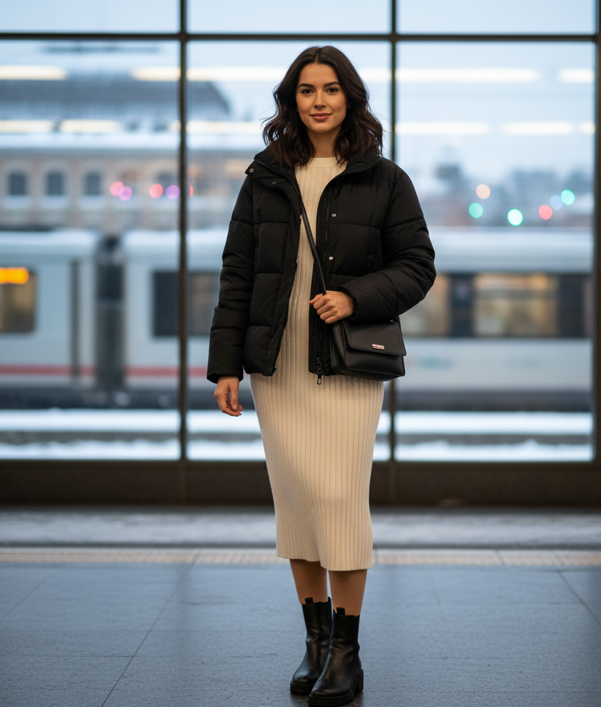 Puffer Jacket + Knit Dress + Ankle Boots