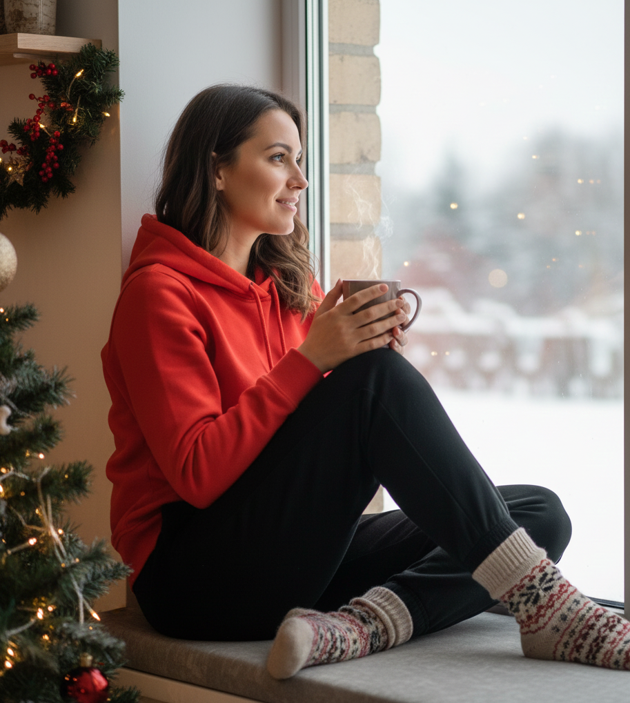 Red Hoodie + Black Joggers + Warm Socks