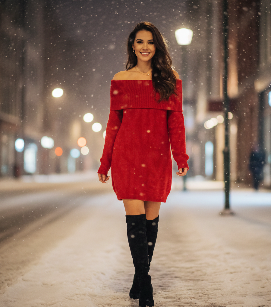 Red Off-Shoulder Knit Dress + Black Knee-High Boots