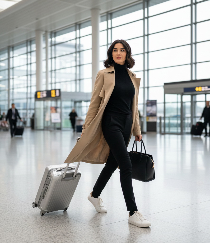 Trench Coat + All-Black Everything + White Sneakers