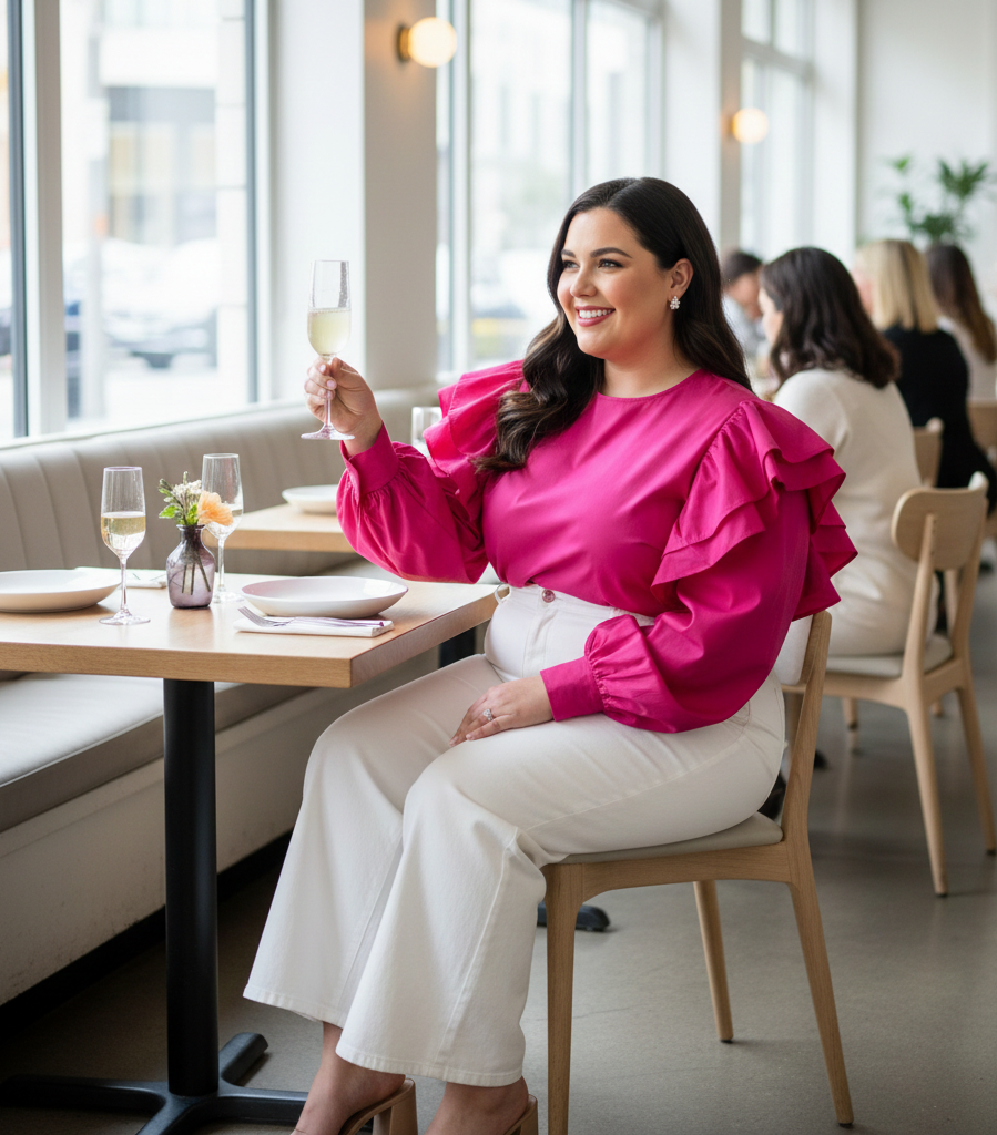 Bold Ruffle Sleeve Top & White Jeans