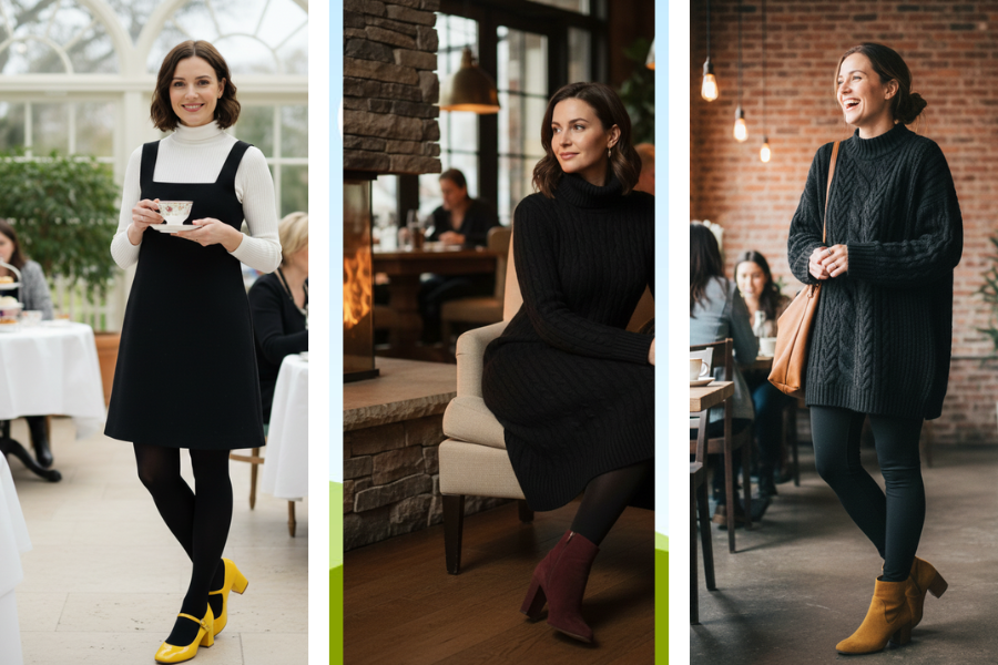 Chic Winter Black Dress & Colored Heels 18 Warm, Bold Outfits