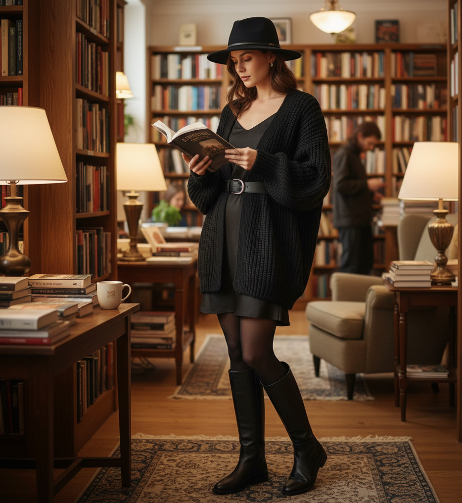  Chunky Cardigan + Silk Slip Dress + Boots