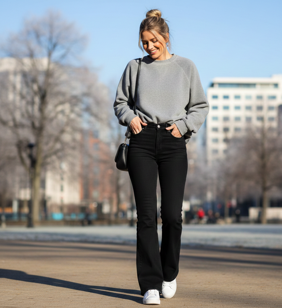 Cozy Grey Sweatshirt + Black Flared Jeans + White Sneakers