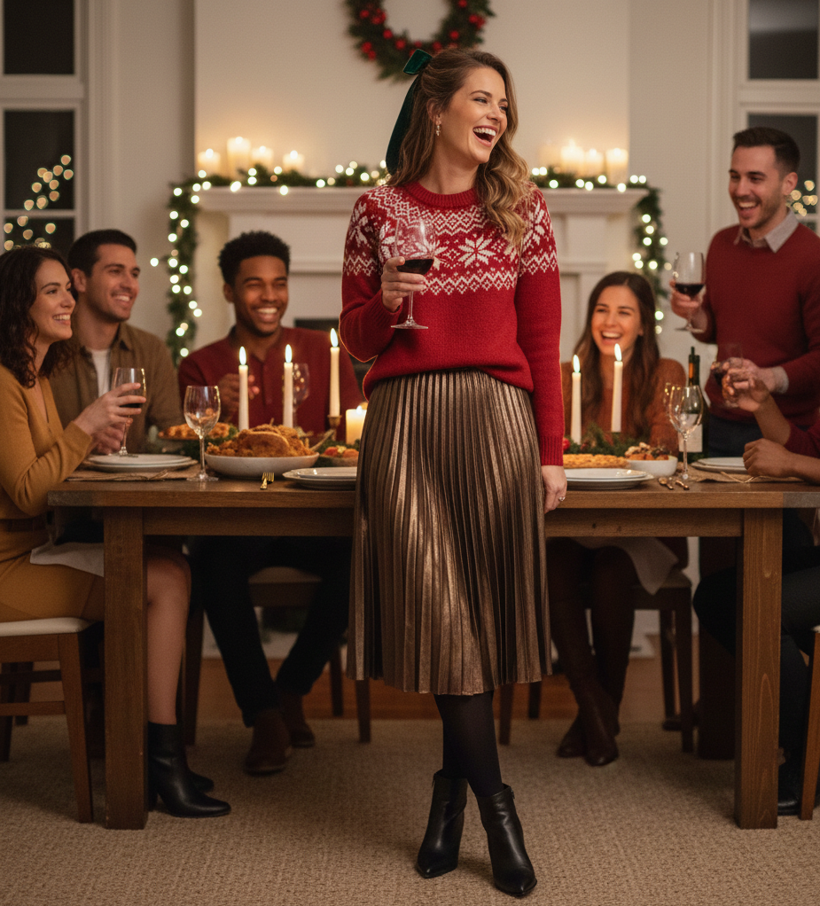Festive Sweater + Metallic Skirt