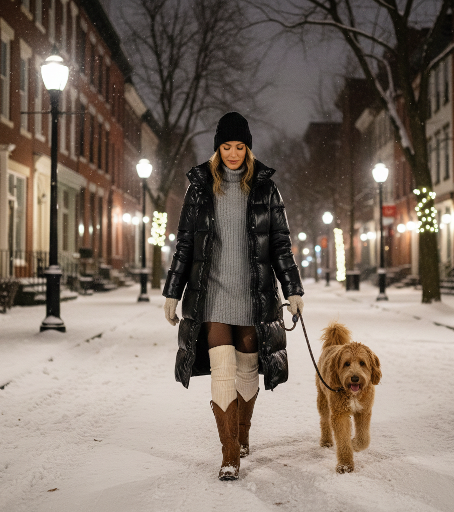 Long Puffer Coat, Mini Dress & Over-The-Knee Socks