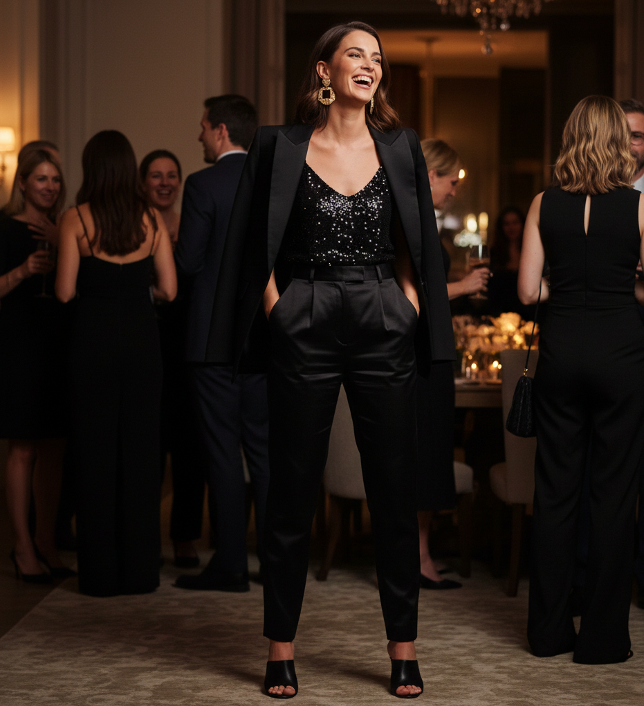 Sequin Top + Black Trousers + Blazer
