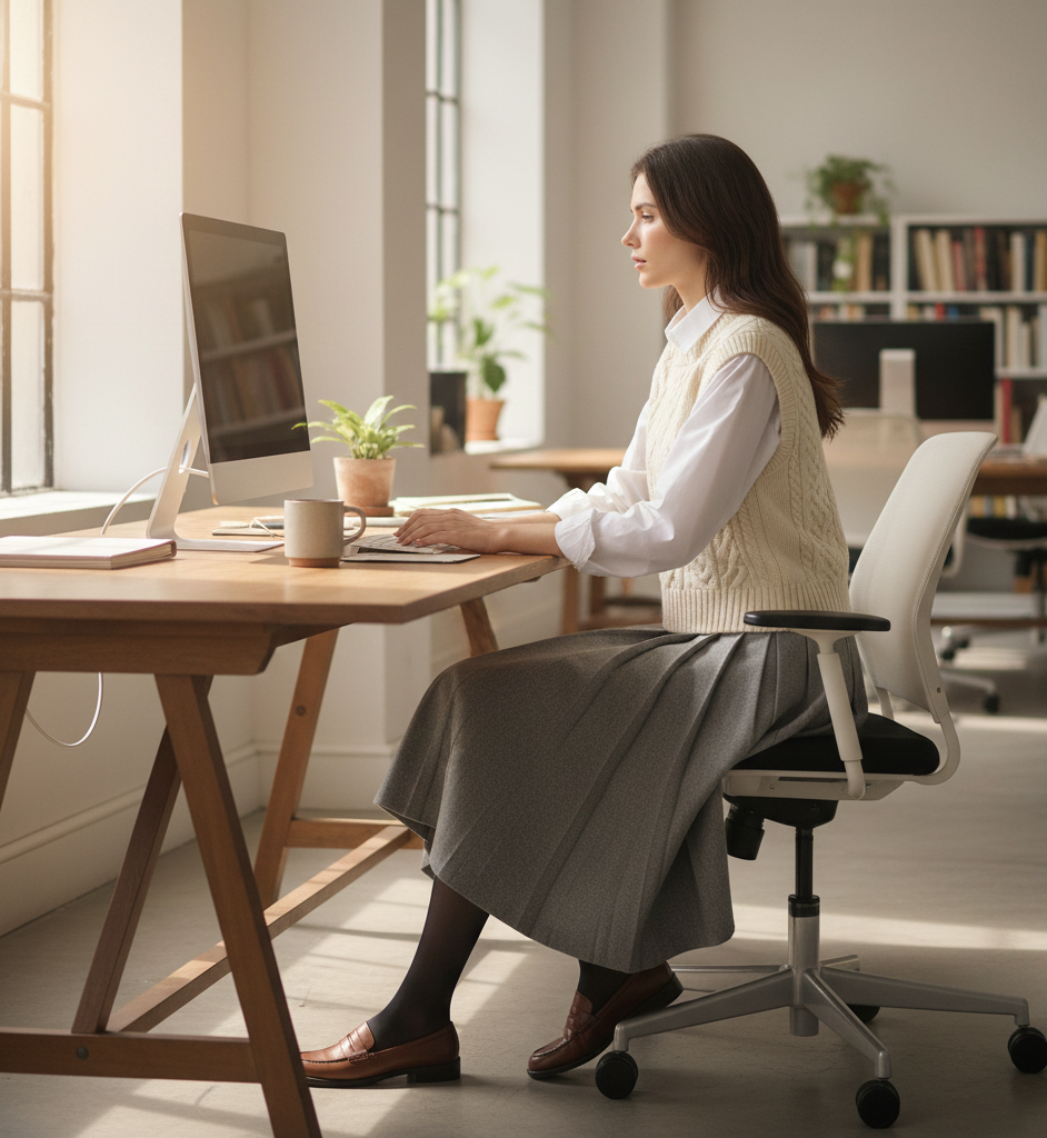 The Collared Shirt + Sweater Vest + Midi Skirt