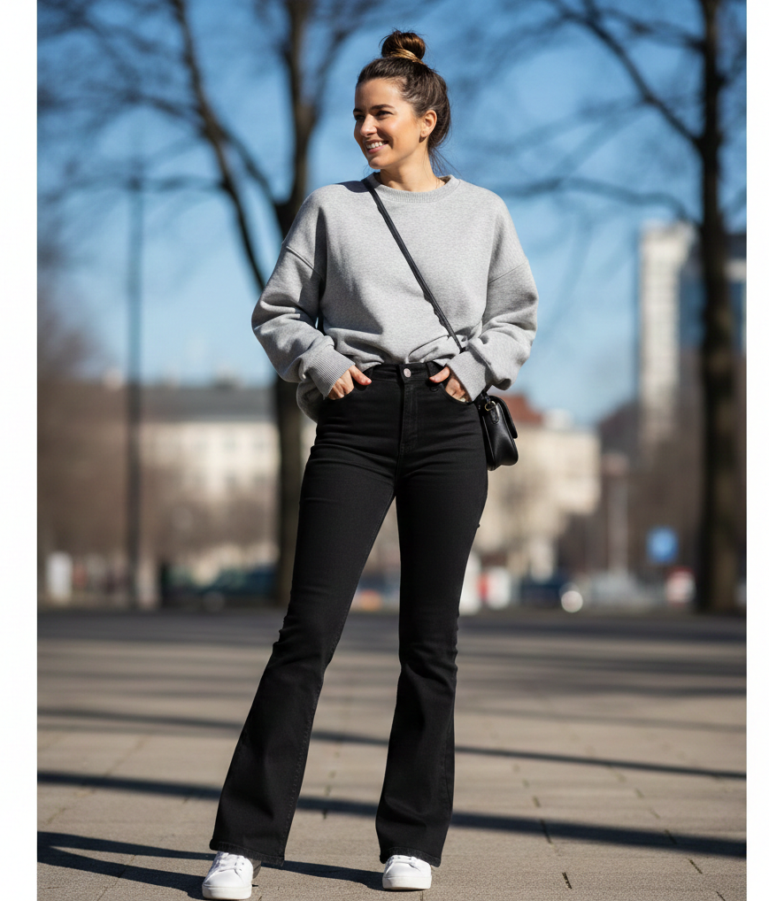 The Cozy Grey Sweatshirt + Black Flared Jeans + White Sneakers