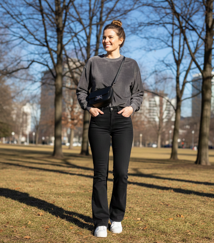 The Cozy Grey Sweatshirt + Black Flared Jeans + White Sneakers