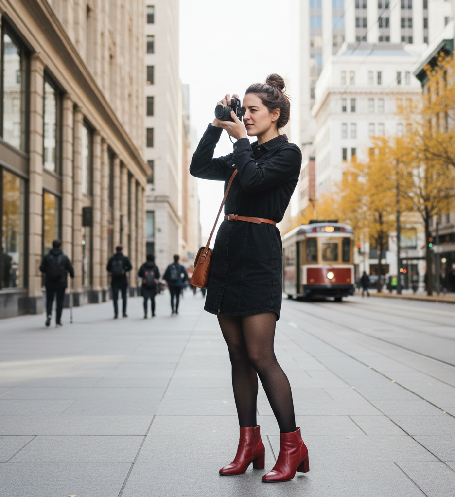 The Denim Dress & Cherry Red Booties