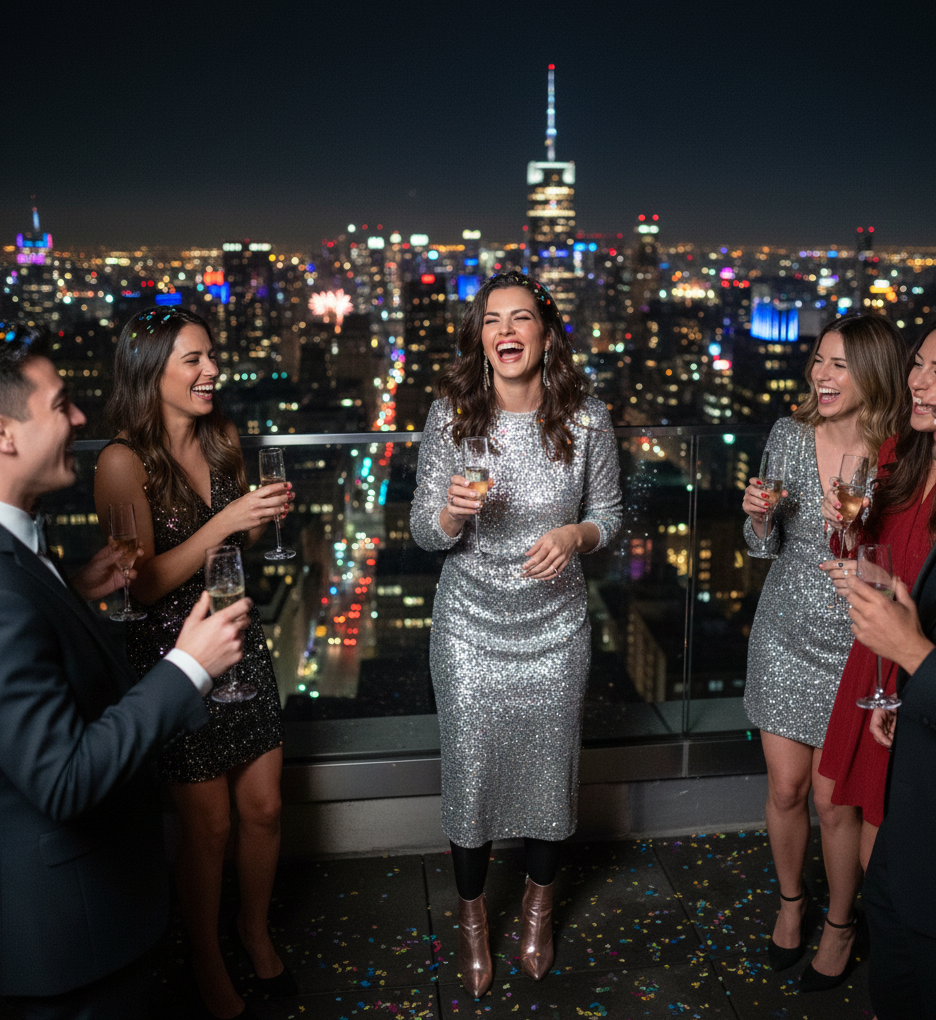  The Sequin Midi Dress & Gold Ankle Boots