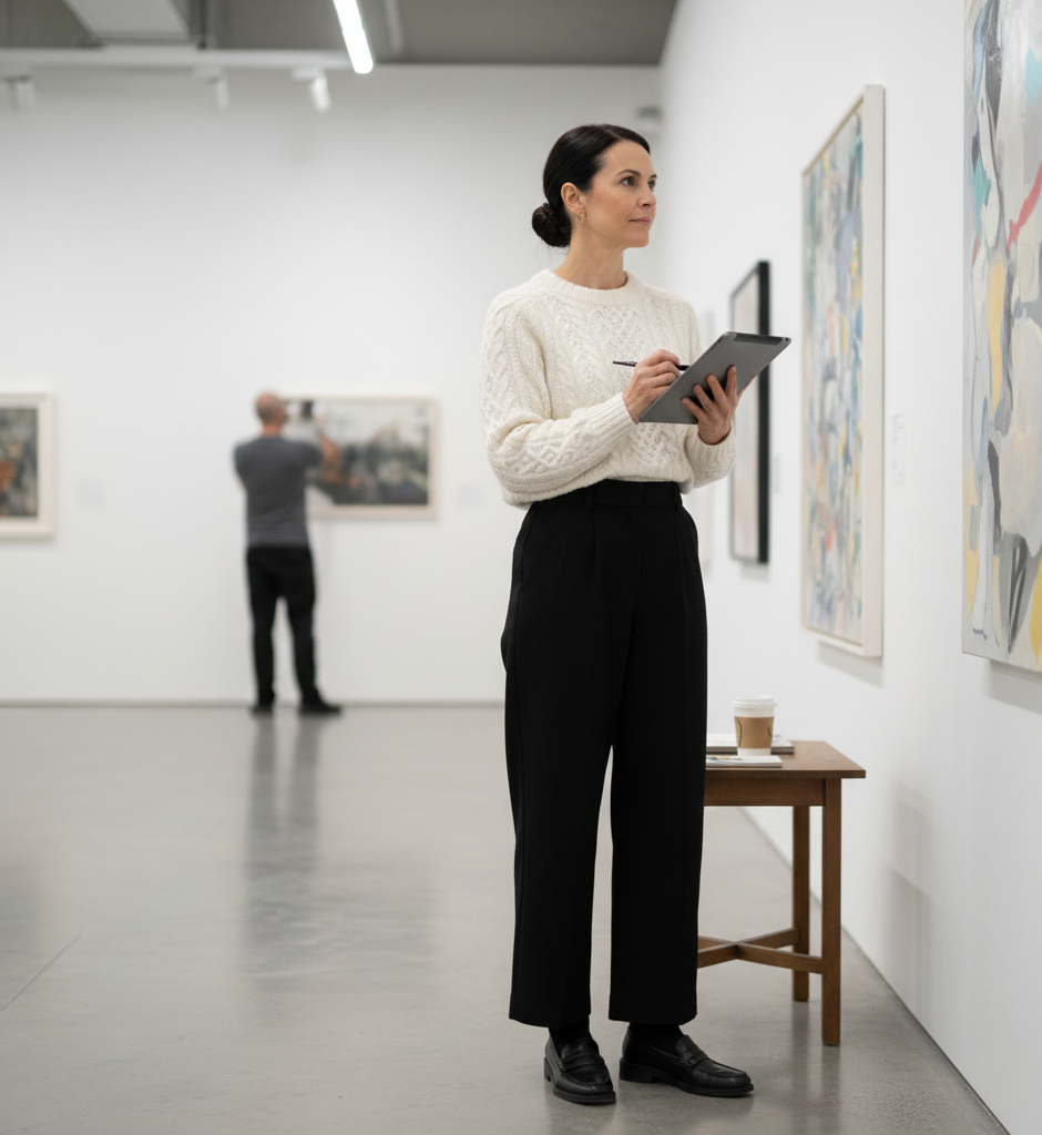 The White Cable Knit & Black Trousers