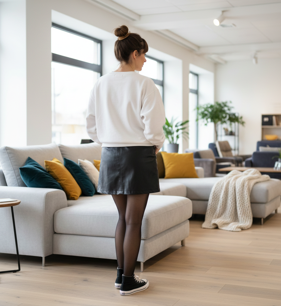 The White Sweatshirt & Black Leather Skirt