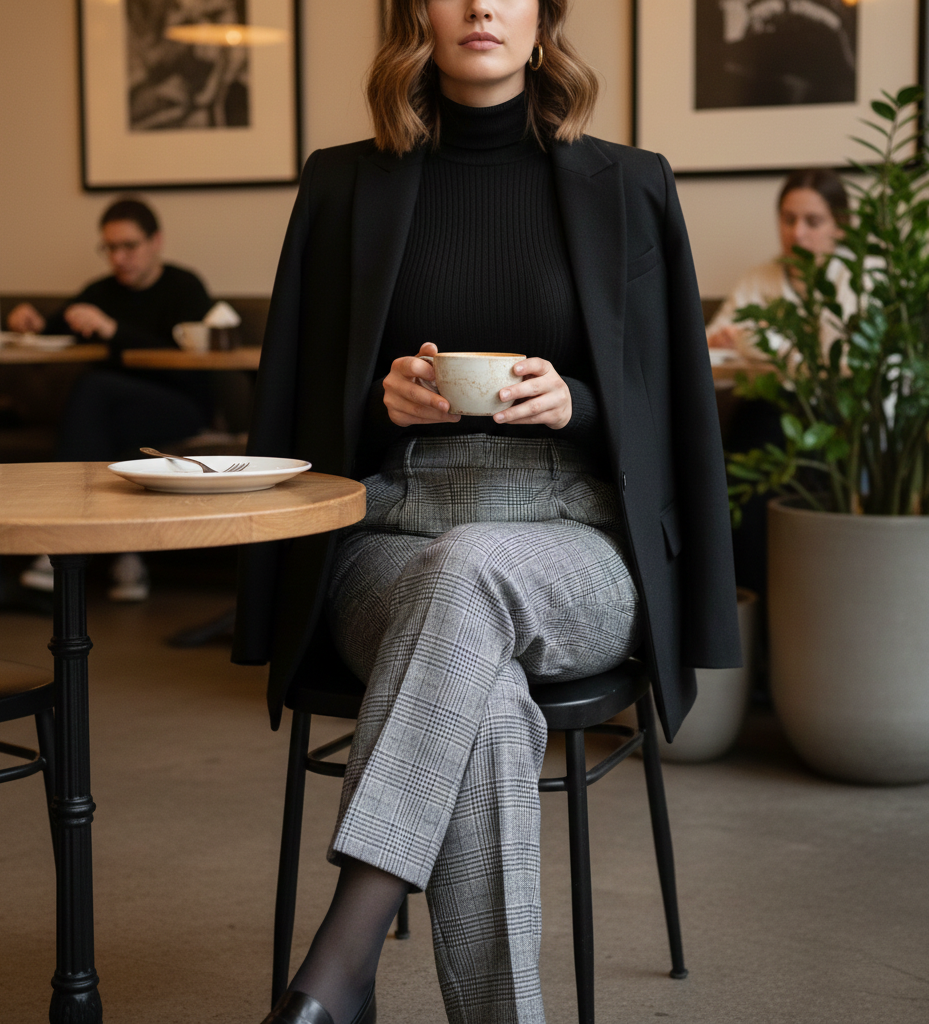  Turtleneck Bodysuit + Plaid Trousers + Loafers