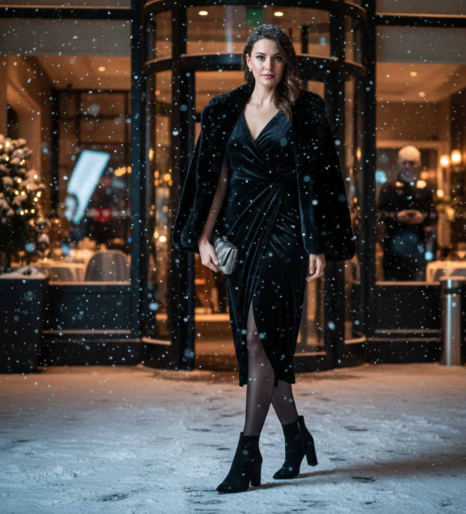 Velvet Midi Dress + Faux Fur Coat