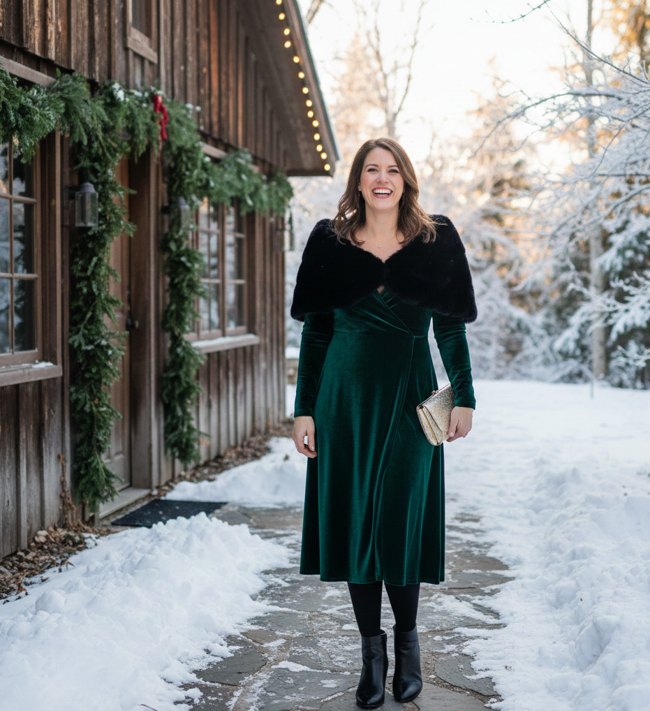 Velvet Midi Dress + Tights + Ankle Boots