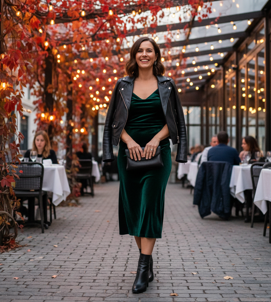 Velvet Slip Dress & Leather Jacket