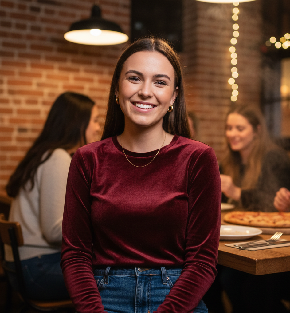 Velvet Top & High-Waisted Jeans