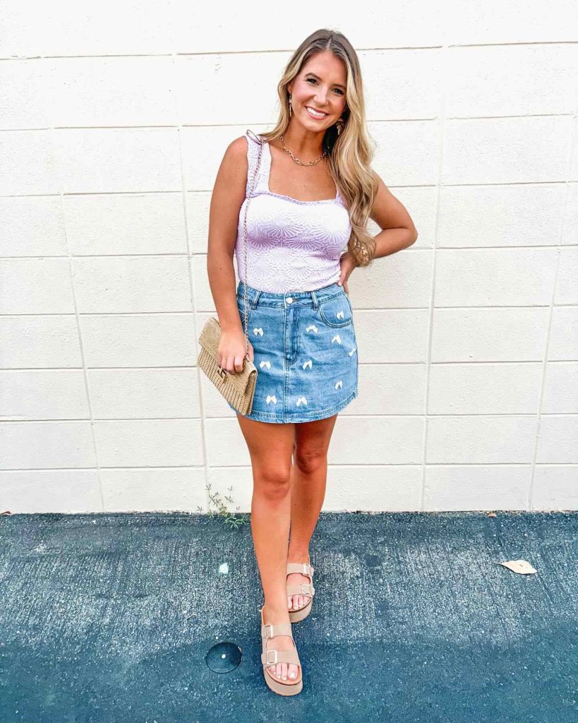 The Textured Tank + Embroidered Denim Mini + Platform Sandals