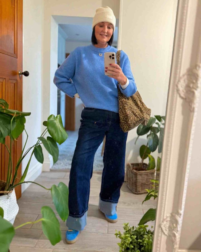  The Crewneck Sweater + Wide-Leg Cuffed Denim + Beanie