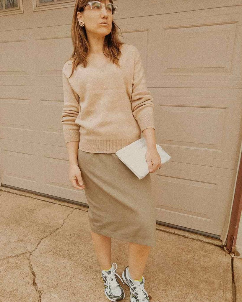 The V-Neck Sweater + Pencil Skirt + Athletic Trainers