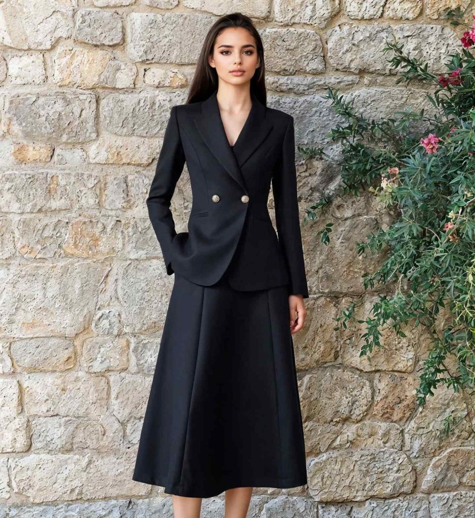 The Structured Blazer + A-Line Midi + Polished Finish