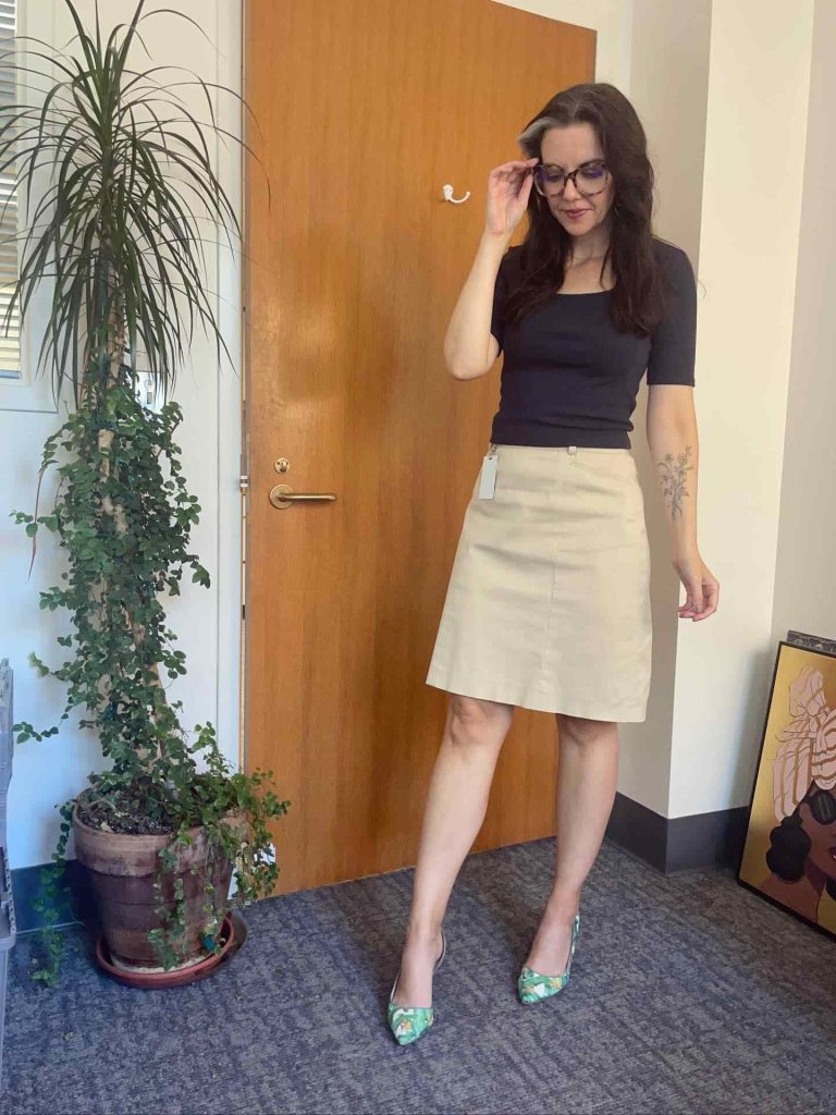 The Square-Neck Top + A-Line Mini Skirt + Floral Pumps