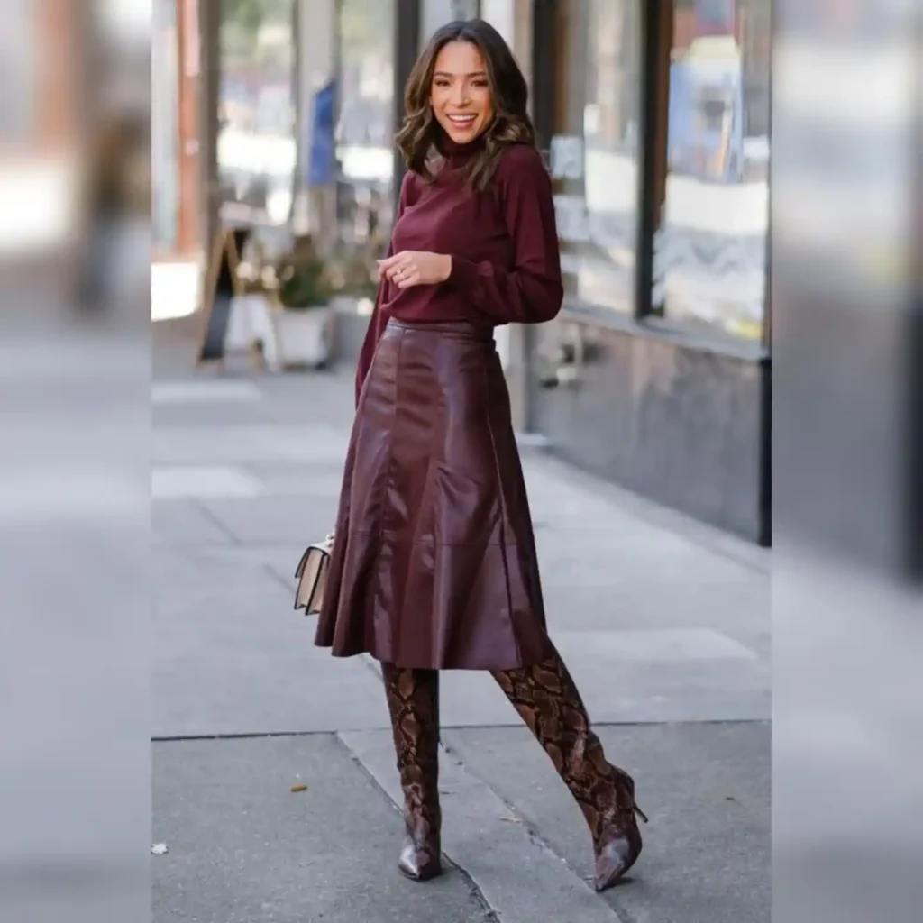The Monochrome Turtleneck + Leather A-Line Skirt + Patterned Boots