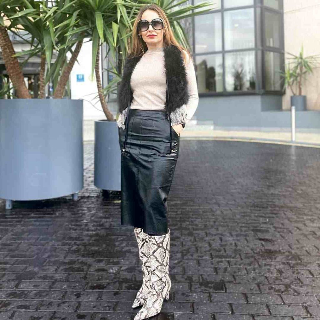 The Faux-Fur Vest + Leather Midi Skirt + Snakeskin Boots
