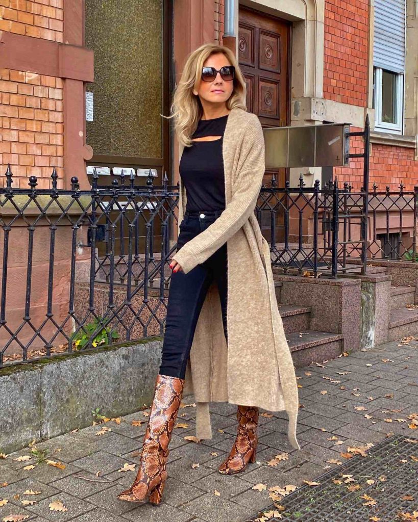  The Longline Cardigan + Cut-out Bodysuit + Snake Print Boots