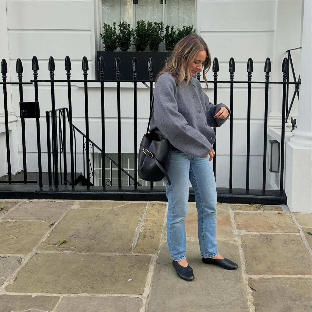 The Wool Cardigan + Straight-Leg Jeans + Ballet Flats