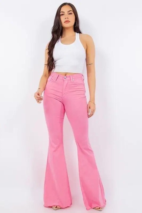  The Halter Crop Top + Pink Flare Jeans + Sandals