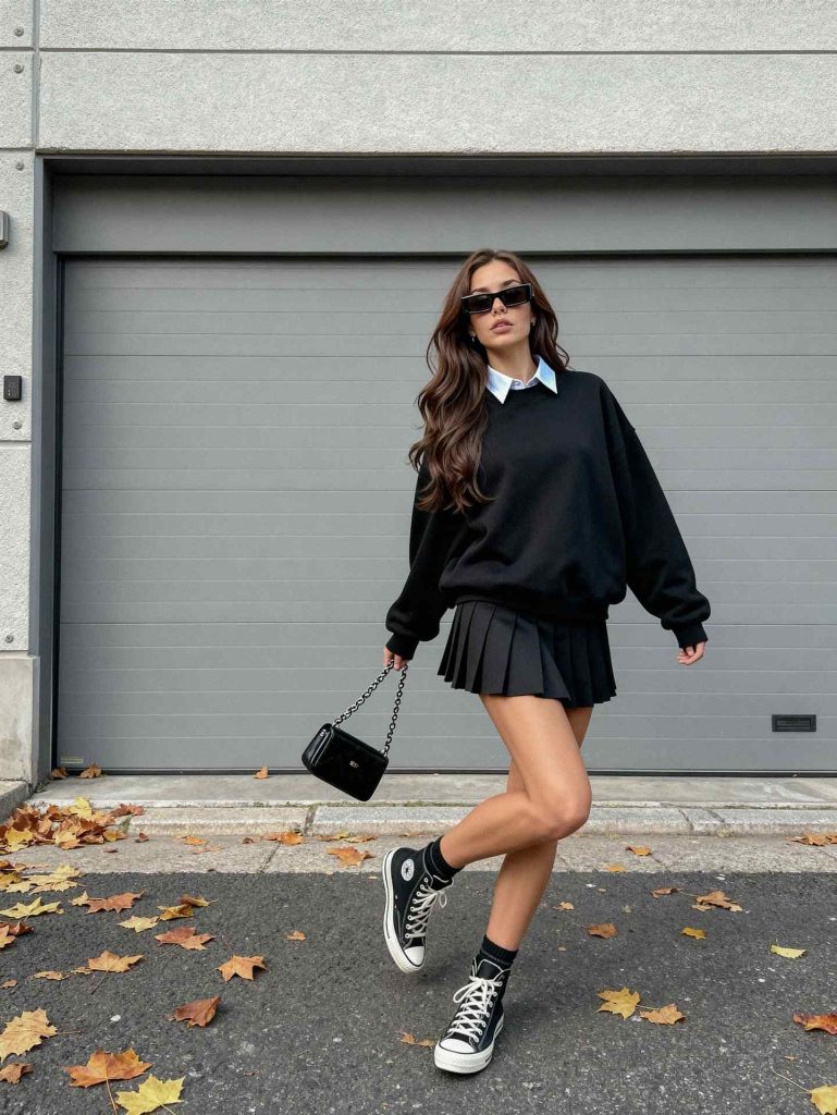 The Oversized Sweatshirt + Pleated Mini Skirt + High-Top Sneakers