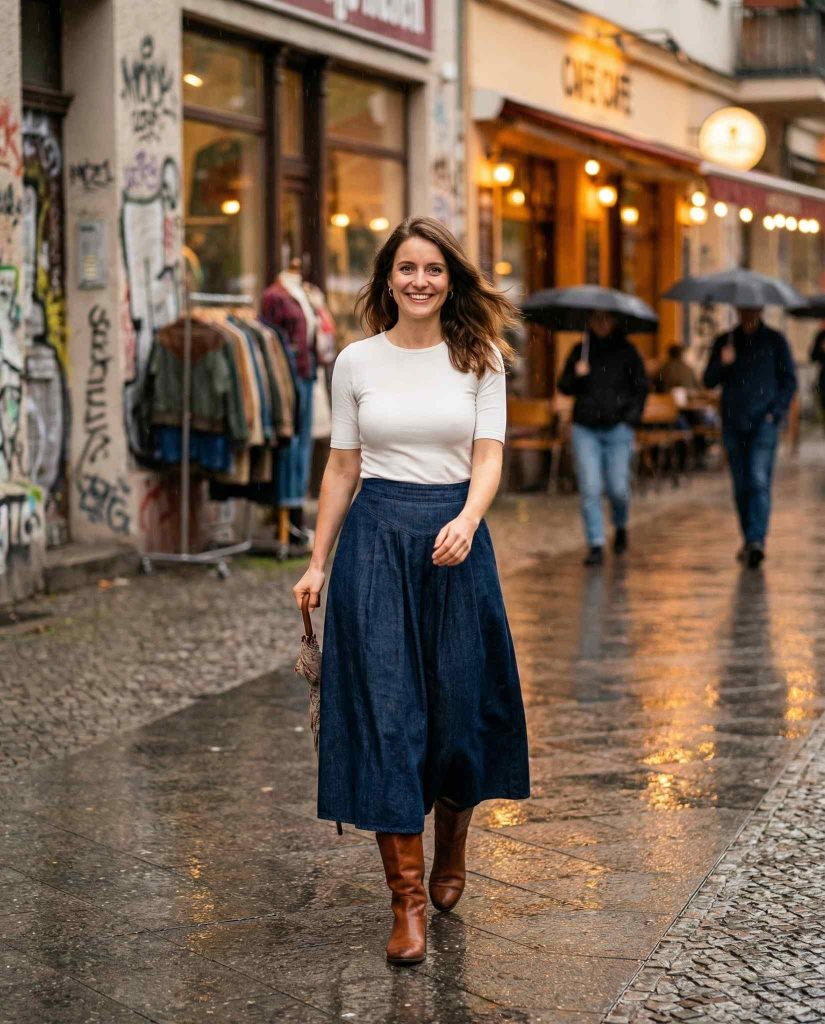  The White Crewneck + Denim Full Skirt + Leather Boots