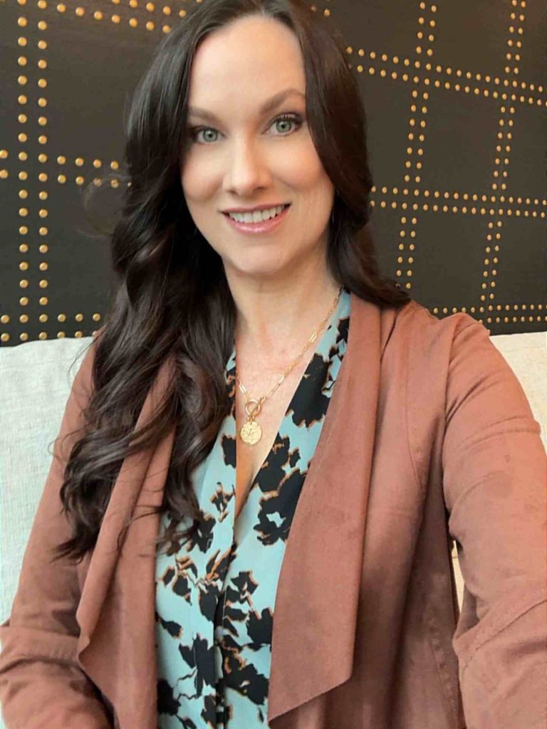 The Draped Suede Jacket + Abstract Print Blouse
