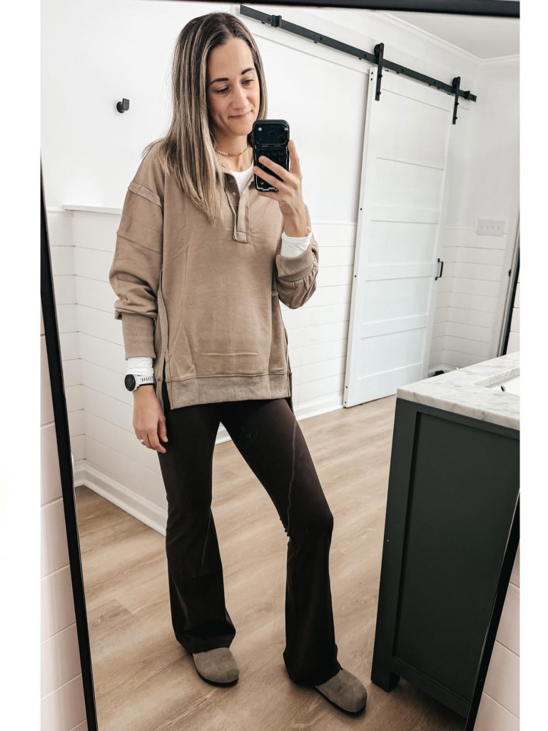  The Oversized Quarter-Zip + Flare Leggings + Clogs